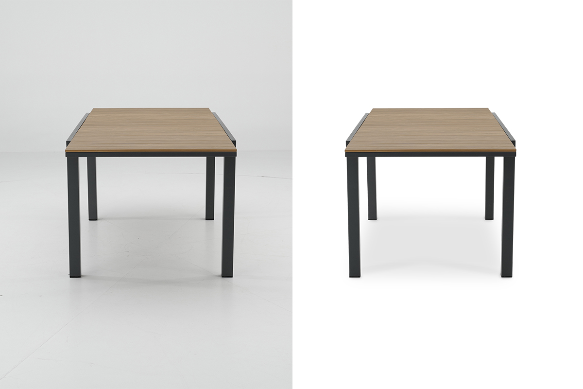 Wooden table before and after clipping path service, highlighting the clean edges and natural-looking reflection shadow.