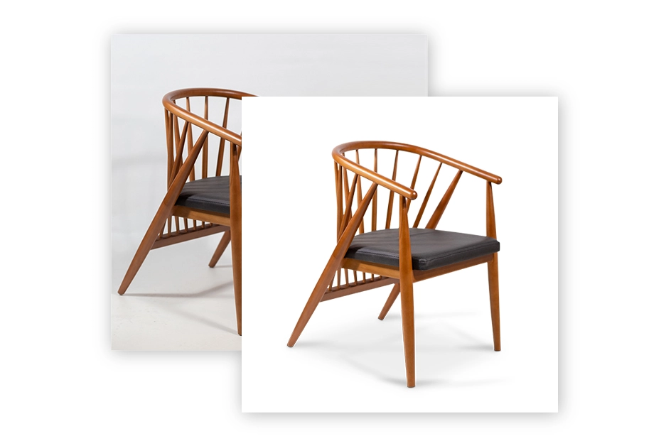 Furniture Image Editing Service, Shadow creation A side-by-by-comparison of two furniture photos: Left: A furniture photo with a flat appearance due to lack of shadows. Right: The same furniture photo with realistic shadows added, showcasing depth and highlighting key features.