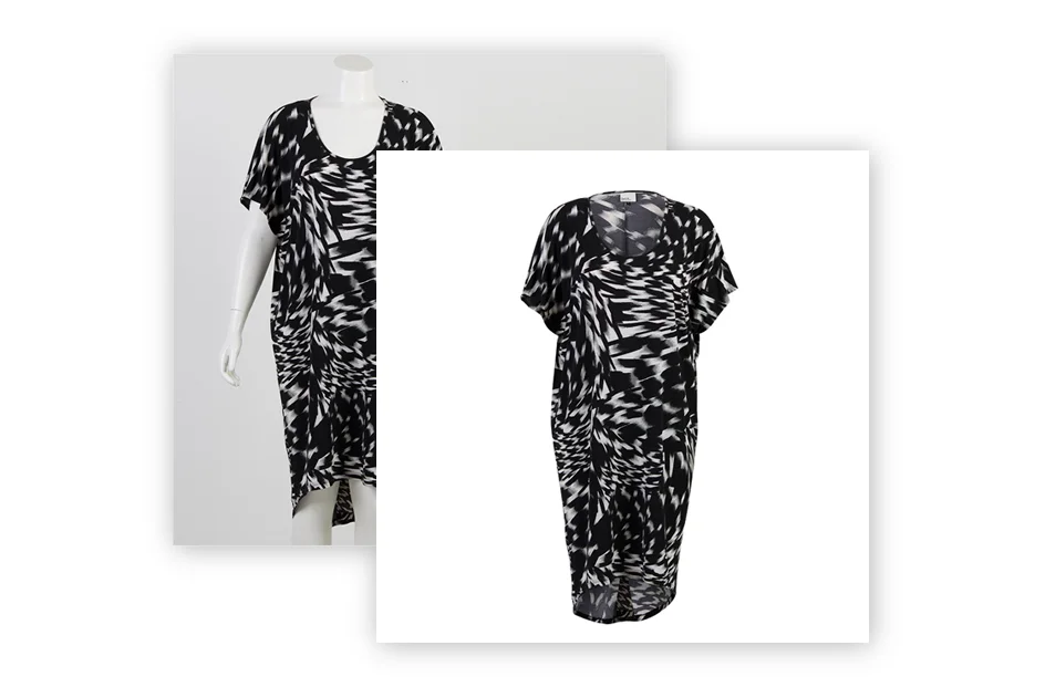 Background Removal Service: Ghost Mannequin Before-and-after comparison of a clothing product photo, showcasing the dramatic improvement achieved with ghost mannequin editing.