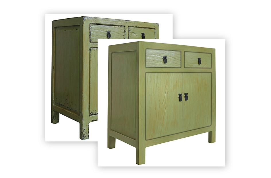 Furniture Image Editing Service, Furniture Retouching A close-up comparison of two vintage armchair photos: Left: The armchair fabric appears faded and has minor tears. Right: The same armchair showcasing restored fabric texture, vibrant colors, and flawless retouching details.