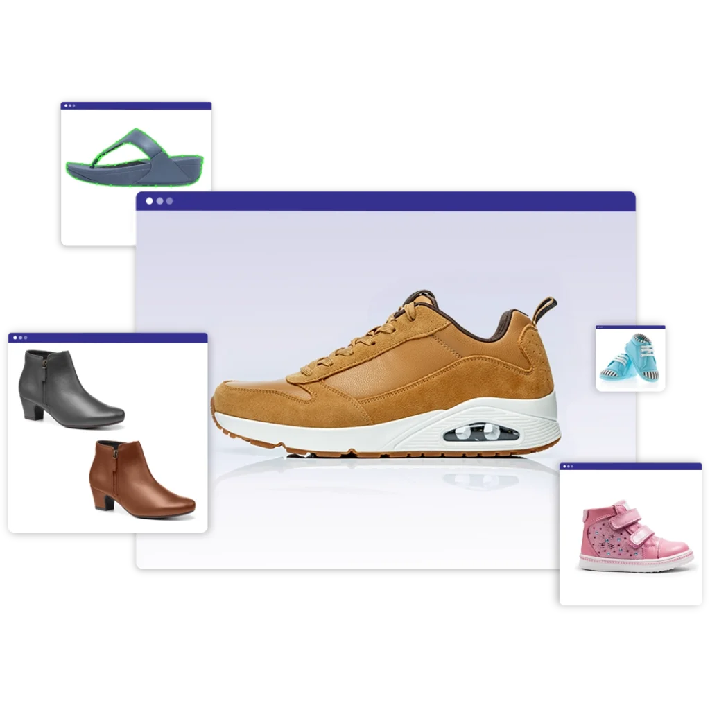 Footwear Photo Editing Service,A collage of four images displaying before-and-after results for different editing services: Left: A shoe with scratches and uneven color. Right: The same shoe retouched with flawless texture and consistent color. Left: A dull-looking product photo. Right: The same photo with vibrant colors and dynamic shadows. Left: A wide landscape photo of someone wearing shoes. Right: The shoes perfectly cropped and centered for a close-up product showcase.