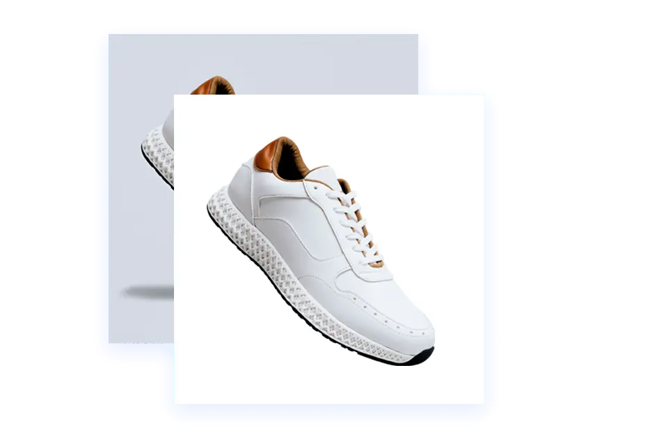Footwear Photo Editing Service, Background Removal before-and-after comparison of two shoe photos: Left: "Shoe with cluttered background, focus diverted away from the product." Right: "Shoe with clean white background, highlighting its features and enhancing visibility."