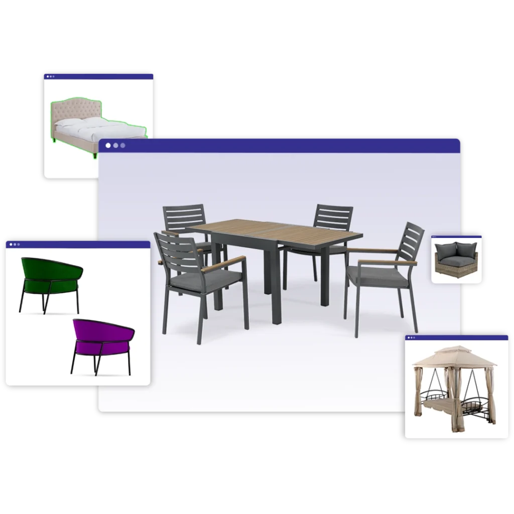 Furniture Image Editing Service,A collage of before-and-after furniture photos showcasing different editing services: background removal, color correction, staging, and object removal.