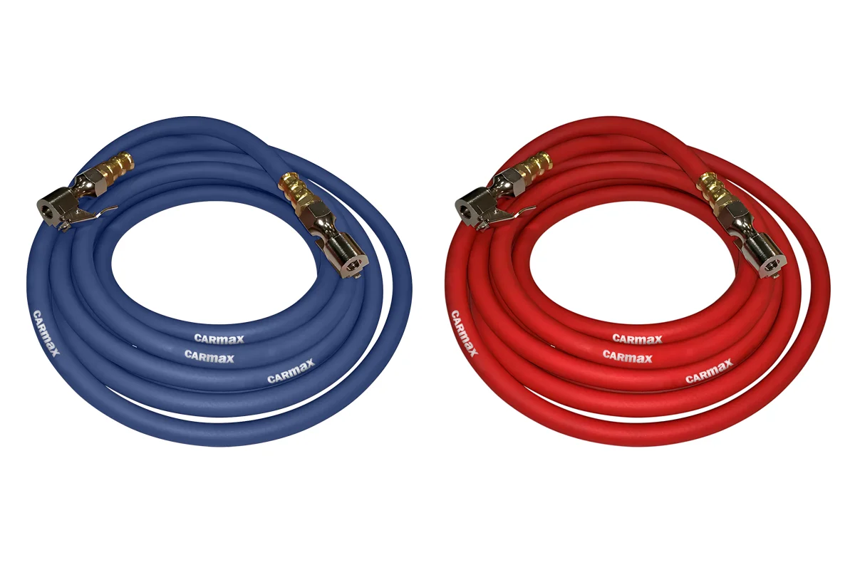Flametech Kit Hose before and after color correction, showcasing the dramatic shift from blue to a vibrant red hue.