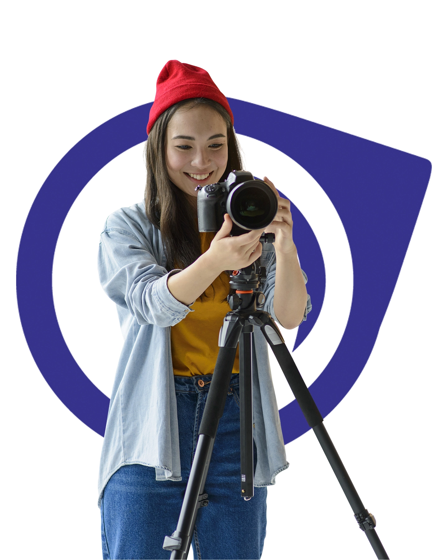 Front view of a female photographer holding a professional camera and looking through the viewfinder, focused and ready to capture the moment.