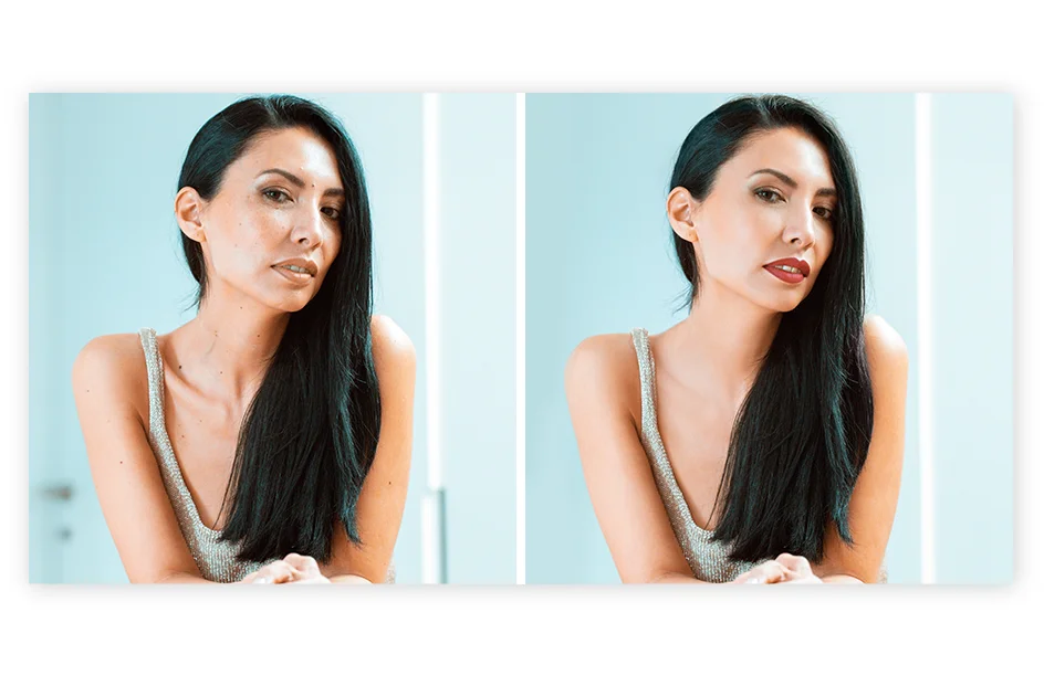 Photo Retouching Service, Portrait Retouching Before-and-after comparison of a high-resolution portrait, showcasing the dramatic improvement in skin texture refinement, color correction, and overall professional polishing achieved with expert retouching.