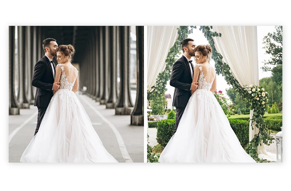 Photo Retouching Service, Wedding Photography Retouching Before-and-after comparison of a wedding photo. The "before" image shows natural lighting, skin imperfections, and minor distractions. The "after" image showcases enhanced lighting, subtle skin retouching, and removal of distractions for a timeless and elegant look.
