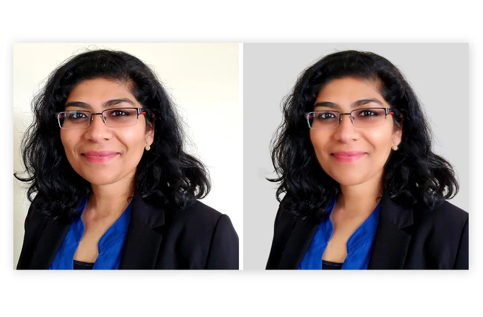 Photo Retouching Service, Headshot Retouching Before-and-after comparison of a professional headshot. The "before" image shows uneven lighting, minor skin imperfections, and a neutral expression. The "after" image showcases balanced lighting, subtle skin retouching, and a confident smile for a polished and professional look.