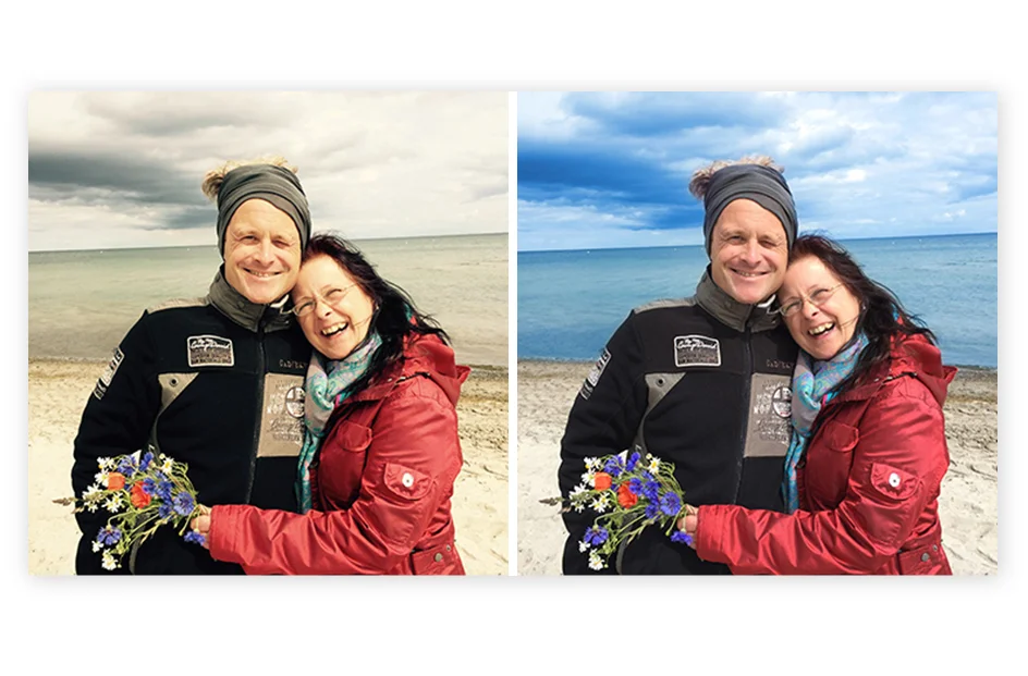 Photo Retouching Service Basic Retouching Before-and-after comparison of a landscape photo, showcasing the improvements in color correction, detail sharpening, and overall enhancement achieved with basic retouching.