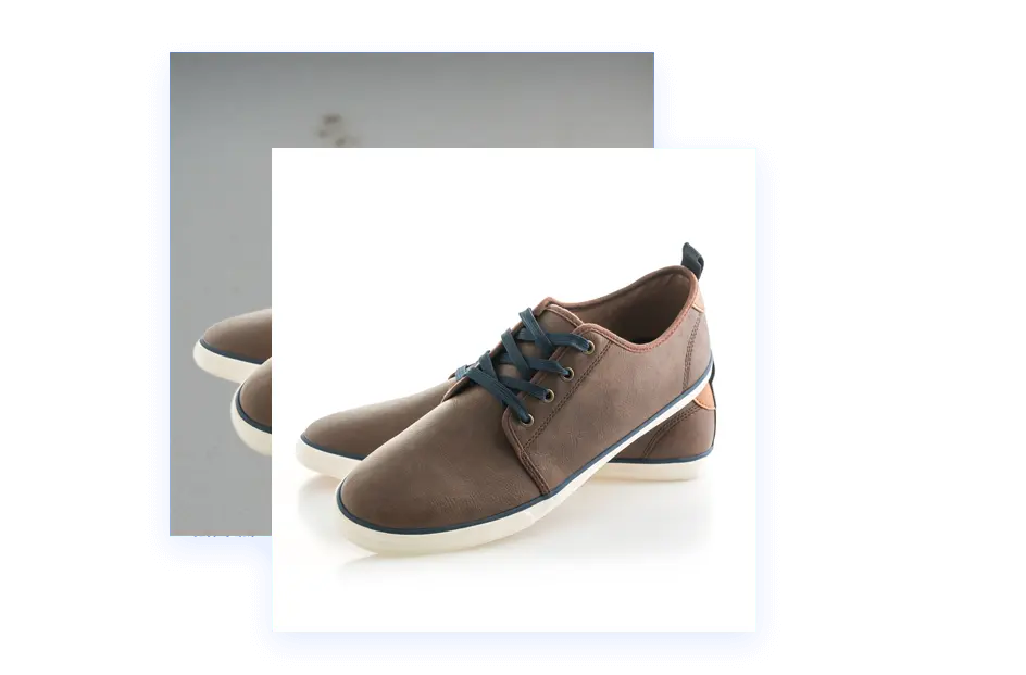Footwear Photo Editing Service, Shadow Creation A side-by-side comparison of two shoe photos: Left: A shoe photo with a flat appearance due to lack of shadows. Right: The same shoe with realistic shadows added, showcasing depth and highlighting key features like curves and textures.