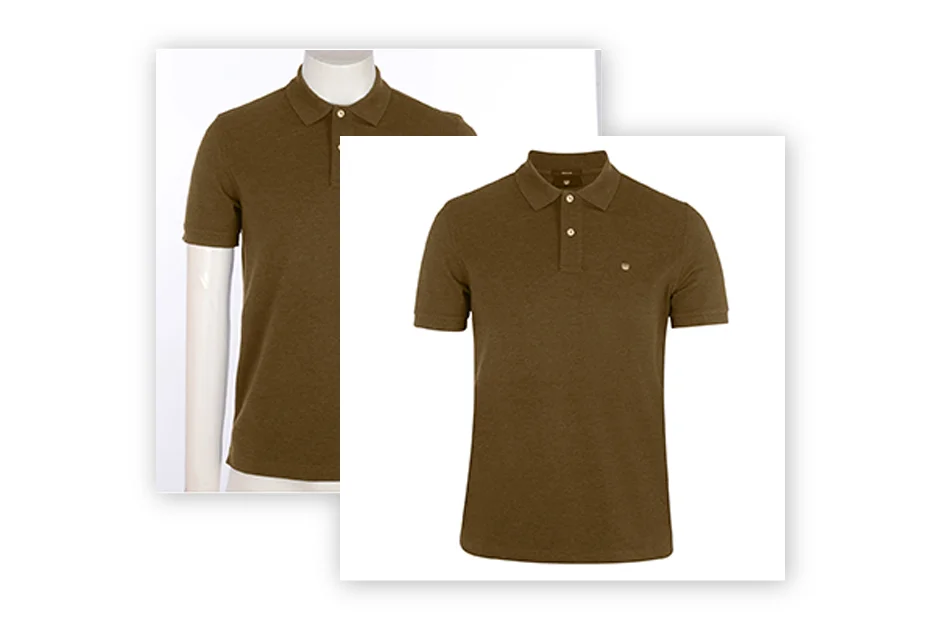 Ghost Mannequin Service, Side-by-side comparison: A flat product photo of a t-shirt on a mannequin, obscuring details and fit. The same t-shirt showcasing the T-Shirt Ghost Mannequin effect, naturally draped, revealing intricate design elements.
