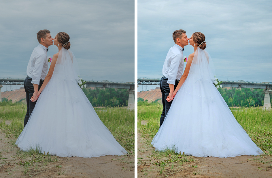 Wedding photo with color correction: white balance adjustment, exposure correction, skin tone correction, and retouching.