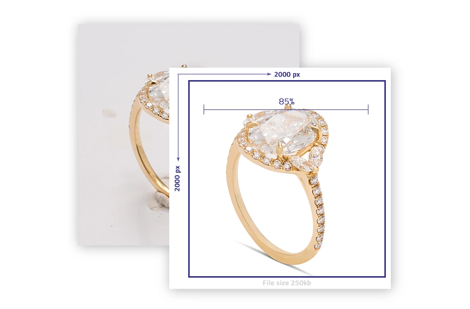 Jewelry Photo Editing Service, Jewelry Image Cropping and Resizing A before-and-after comparison of two jewelry product photos: Left: A diamond ring photo with excess background space and awkward framing. Right: The same ring expertly cropped and resized, showcasing a centered composition and close-up focus on the gem.