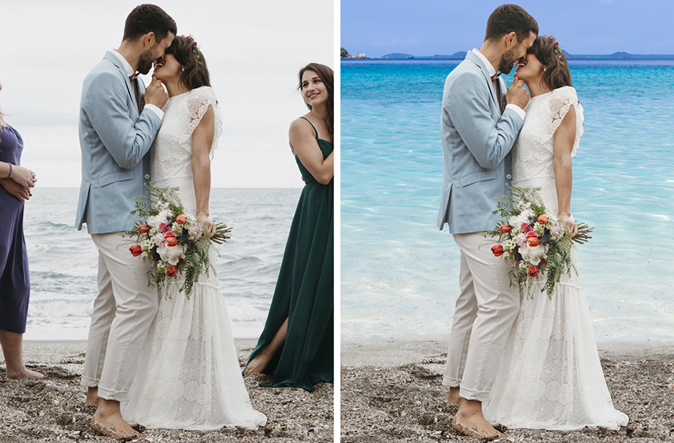 Wedding photo with object or people removal and addition: color correction, white balance adjustment, exposure correction, skin tone correction, and advanced retouching.